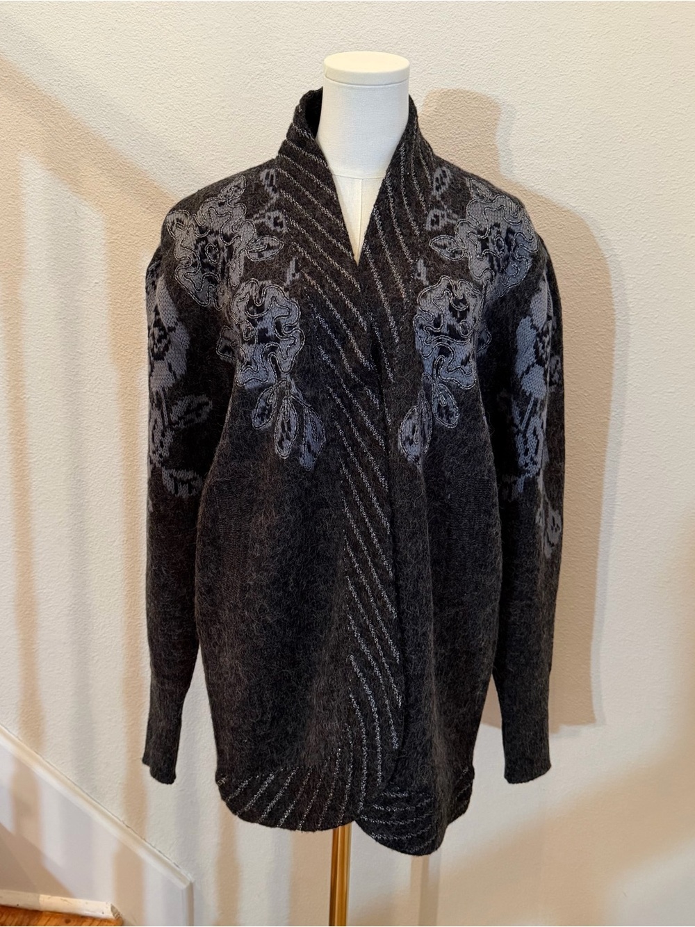 Charcoal Floral Shawl-Collar Sweater Cardigan